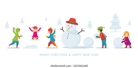 Kids Or Children Build A Snowman And Playing Snow, Christmas, Winter And New Year Celebration