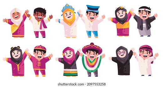 Kids children couple girl boys greetings smile wearing traditional ethnic clothing costume of Japanese Indian chinese arab mexican ethnicity