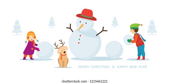 Kids or Children with Dog Build a Snowman, Christmas, Winter and New Year Celebration