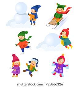 Kids, Children Doing Winter Activities - Play Snowballs, Make Snowman And Snow Angel, Ice Skate, Tobogan, Cartoon Vector Illustration Isolated On White Background. Kid, Children Winter Activities Set