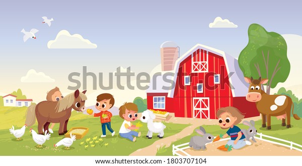 Kids children feed the animals at the farm,\
petting zoo. Boy feeding pony horse at farmyard. Boy feeding lamb.\
Girl feeding rabbit at animal\
farm.