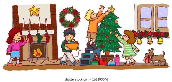 Kids children with friends are decorating the room with christmas tree and ornament to celebrate Christmas party in the room, create by cartoon vector