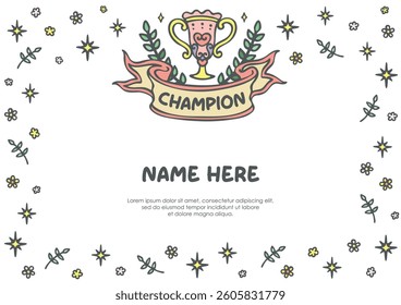 Kids children girl winner champion certificate background with ribbon banner and floral flower frame border for competition event print template layout design