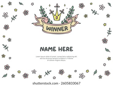 Kids children girl winner champion certificate background with ribbon banner and floral flower frame border for competition event print template layout design
