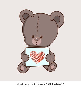 For kids and children hand drawing sweet cute teddy bear with heart pattern. Love theme. Vector. Isolated from the background