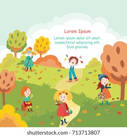 Kids, children having fun in fall, autumn - throwing leaves, picking mushrooms, walking in the park, flat style cartoon vector illustration. Cartoon kids enjoy autumn, fall outdoors, in the park