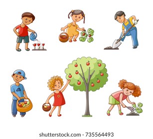 Kids, children helping in the garden – digging and spudding, setting and watering plants, harvesting apples, flat cartoon vector illustration isolated on white background. Kids helping in the garden