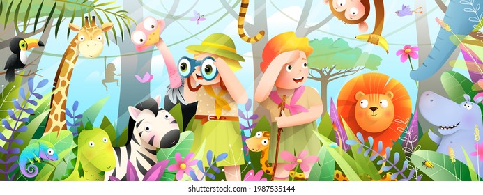 Kids And Children Jungle Adventure With African Animals In The Wild, Boy And Girl Explorers On Adventure Journey Looking For Animals. Horizontal Banner For Kids Storytelling. Watercolor Style Vector.