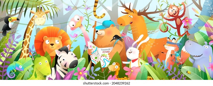 Kids and children jungle adventure with African animals in the wild, bear and rabbit explorers on adventure journey. Horizontal banner for kids storytelling. Watercolor style vector cartoon.