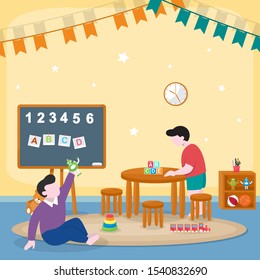 Kids Children Learning by Playing Education Toys Kindergarten Flat Illustration
