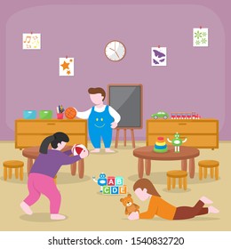 Kids Children Learning by Playing Education Toys Kindergarten Flat Illustration