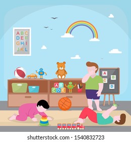 Kids Children Learning by Playing Education Toys Kindergarten Flat Illustration