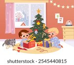 kids children little brothers sitting near Christmas tree opening christmas gift boxes, exchanging presents with spectacular snow fall behind the window. Vector illustration