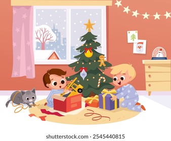 kids children little brothers sitting near Christmas tree opening christmas gift boxes, exchanging presents with spectacular snow fall behind the window. Vector illustration