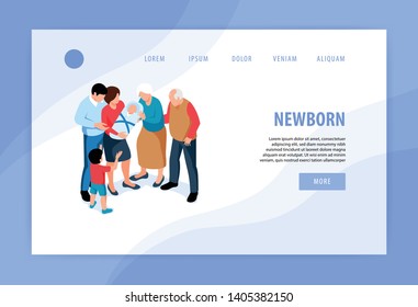 Kids children new siblings concept isometric web banner design with welcoming newborn baby into family vector illustration 