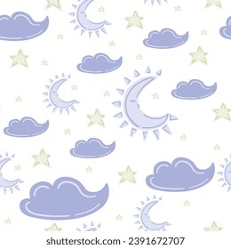 Kids children night with moon hand drawn seamless pattern
