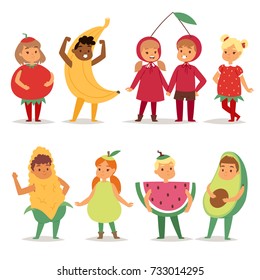 Kids Children Party Fruits Costume Vector Cartoon Mask And Dress Festive Boys And Girls Fancy Childhood Kid Christmas Party Characters Illustration Isolated On White