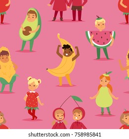 Kids children party fruits costume vector cartoon mask and dress festive boys and girls fancy childhood kid Christmas party characters illustration seamless pattern background