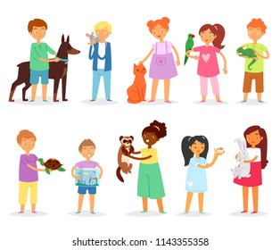 Kids children with pet vector girls and boys playing with animal characters cat dog or puppy illustration set of person girl or boy with turtle or parrot isolated on white background