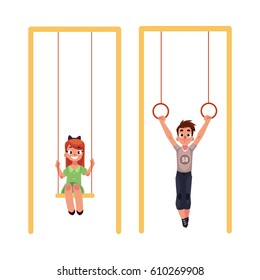Kids, children at playground, hanging on gymnastic rings and swinging on swings, cartoon vector illustration isolated on white background. Boy and girl having fun at playground