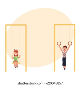 Kids, children at playground, hanging on gymnastic rings and swinging on swings, cartoon vector illustration with place for text. Boy and girl having fun at playground