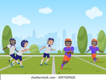 Kids Children Playing American Football Match. Vector Illustration Cartoon Design.