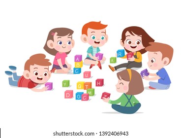 kids children playing with blocks toys illustration