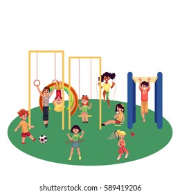 Kids, children playing at playground, monkey bars, swings, football, badminton, summer activity set, cartoon vector illustration isolated on white background. Set of kids having fun at playground