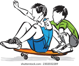 kids children playing riding skate board having fun together friends brothers vector illustration