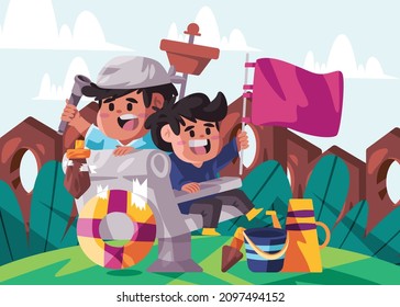 kids children role play pirate ship vector cartoon have fun playtime childhood boys 