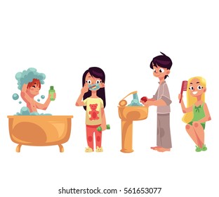 Niños, niños bañándose, cepillarse los dientes, lavarse las manos, peinarse el pelo, concepto de higiene, ilustración vectorial de dibujos animados aislados en fondo blanco. Niños haciendo rutinas de higiene diaria