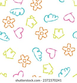 Kids Children Toddler Drawing Crayon Pencil Sketch Illustration Cute Fun Playful Seamless Repeat Vector Tile Pattern. Hearts, Clouds, Flowers, House. Bright Coloured, Textile, Wallpaper, Print, Web.