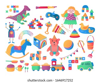 Kids and children toys icon collection cartoon vector illustration. Bear, games, car, train and dolls, blocks gifts from toyshop for boys and girls, childrens toys collection set isolated on white.