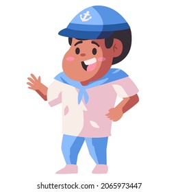kids children using blue cap as marine sailor ocean ship crew modern flat color isolated background vector illustration