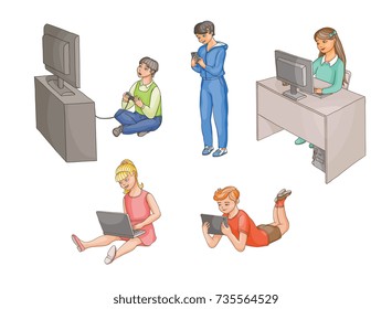 Kids, children using gadgets - computer, laptop, tablet, smartphone, game console, front view, flat cartoon vector illustration isolated on white background. Kids and technologies