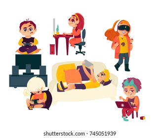 Kids, children using gadgets - computer, laptop, tablet, smartphone, game console, virtual reality glasses, flat cartoon vector illustration isolated on white background. Kids and technologies
