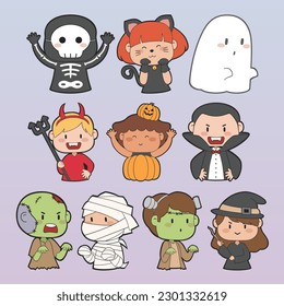 Kids and Children Wearing Cute Halloween Costume. Ghost, Mummy, Dracula, Black Cat, Zombie, Witch, Pumpkin, Vampire, and Skeleton