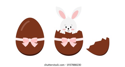 Kids' chocolate Easter egg and bunny rabbit inside with bow isolated on white background. Vector delicious easter candy food whole and broken surprise chocolate eggs. Flat design cartoon illustration. 