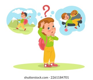 Kids choice. Cute boy chooses between hiking and lying on couch. Active lifestyle against laziness and gluttony. Procrastination or workout. Activities selection