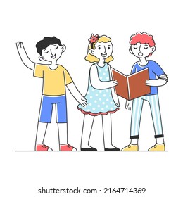 Kids choir singing cheerful song flat vector illustration. Group of children singing together in church. Activity and friendship concept