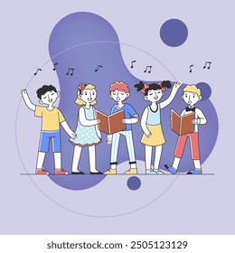 Kids choir singing cheerful song flat vector illustration. Group of children singing together in church. Activity and friendship concept