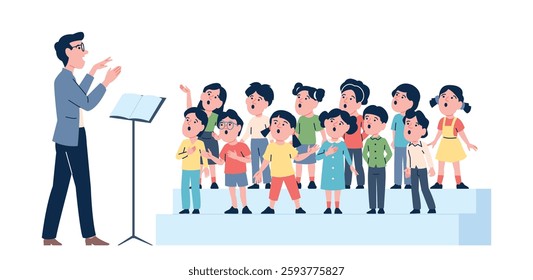 Kids choir. Singing lesson with teacher, musical school students or vocal competition talents. Children sing song together, music recent vector characters