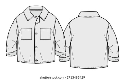 Kids chore jacket design technical flat sketch vector mockup template.