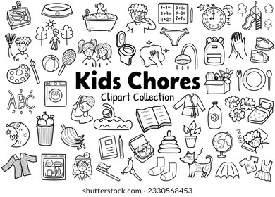 Kids chores clipart collection in outline. Black and white daily routine icons set. Tasks stickers for creating reward chart. Vector illustration svg