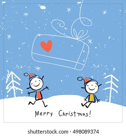 Kids Christmas card, winter holidays vector illustration. Doodle, sketch style drawings. 