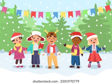 Kids Christmas choir. Boys and girls singing holiday songs. Young vocalists in New Year costumes. Musicians at stage. Celebrating melody. Music performance. Splendid