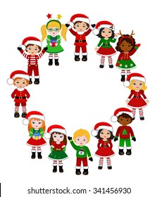 Kids With Christmas Costume. Vector cartoon illustration.
