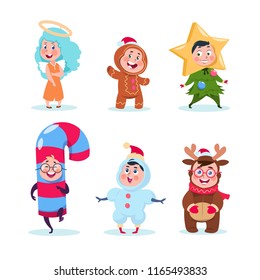 Kids in christmas costumes. Funny children celebrating xmas and winter holidays. Cartoon christmas vector characters set isolated. Cartoon christmas costume for party celebration illustration