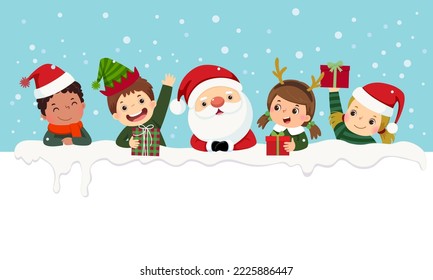 Kids in Christmas costumes and Santa Claus looking out from behind empty blank. Christmas card.