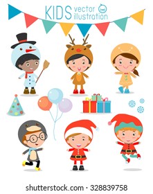 Kids With Christmas Costumes set, Vector Illustration